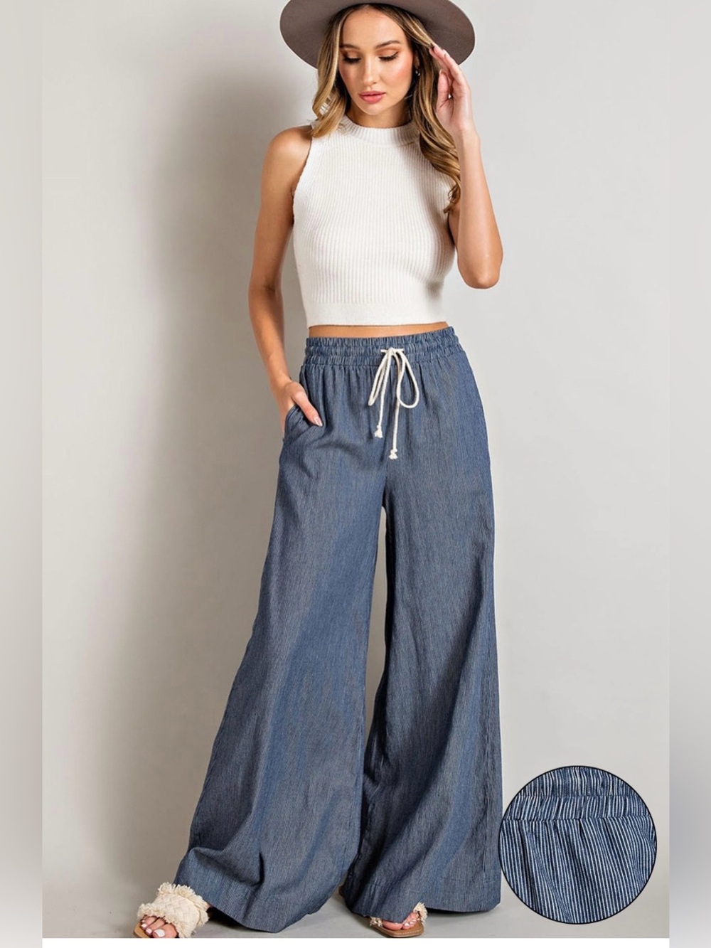 ee:some Los Angeles Washed Pinstripe Tie Waist Wide Leg Pants Small NWT - Picture 1 of 12